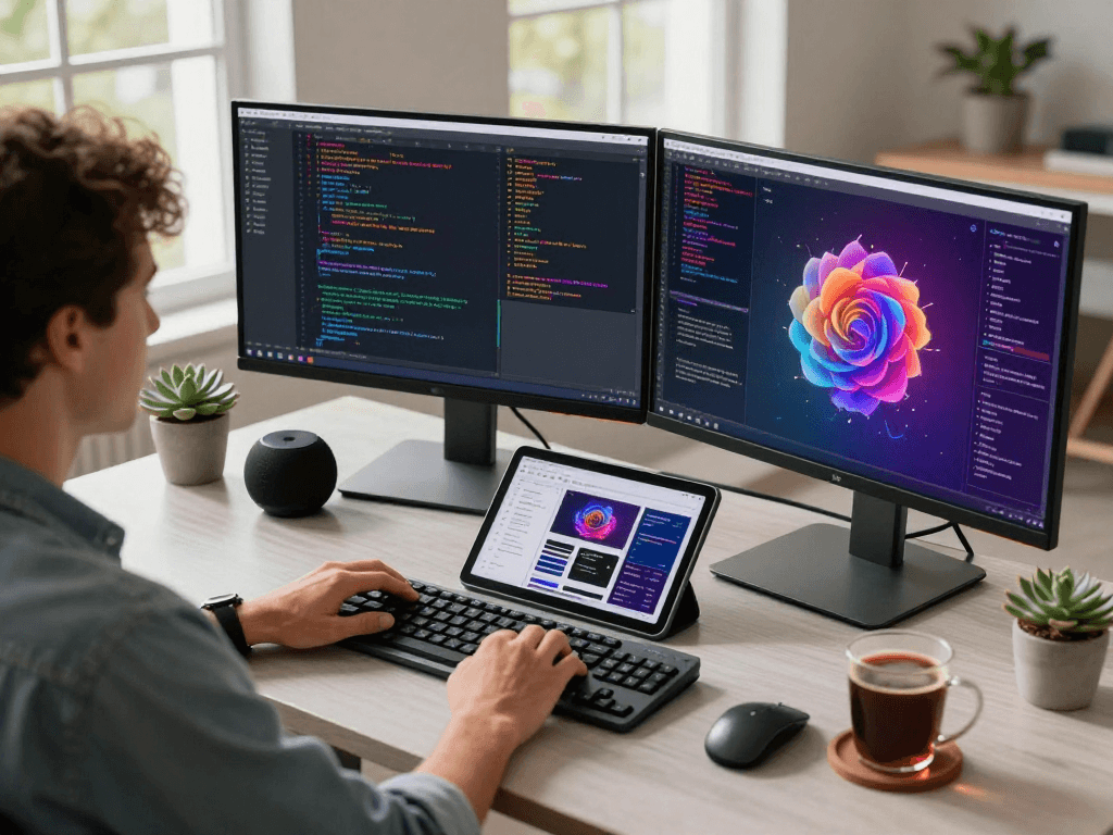 Spicy AI development workspace featuring vibrant code, modern tech setup