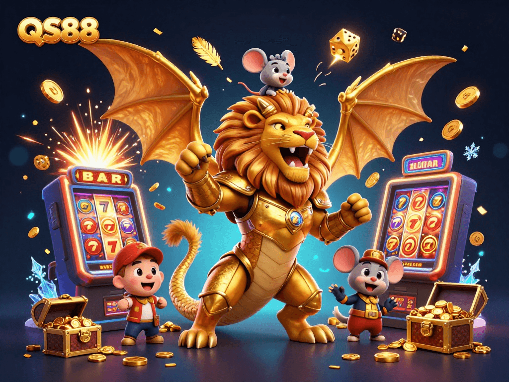 Spin and win at QS88 with a vibrant 3D illustration showcasing thrilling casino action and game variety.