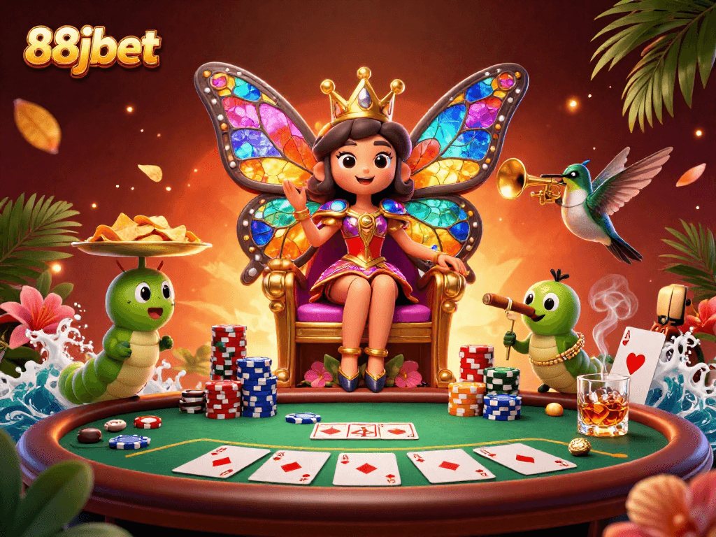 Experience the vibrant energy of 88jbet with a butterfly queen and poker scene bringing casino fun alive.