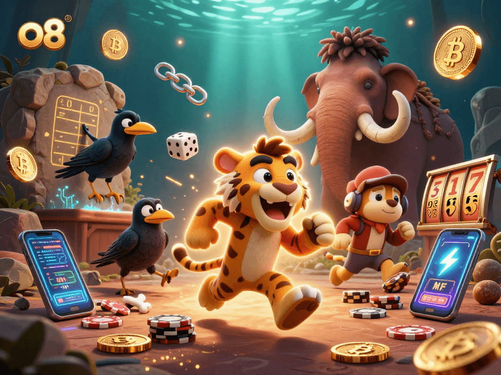 Experience thrilling gameplay at o8 with vibrant 3D casino action featuring unique characters in a prehistoric setting.