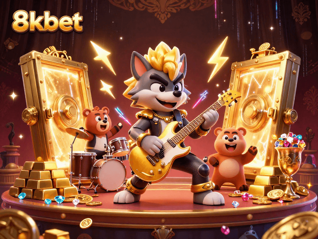 Experience the excitement of 8kbet with vibrant animated characters and incredible treasures on a lively casino stage.