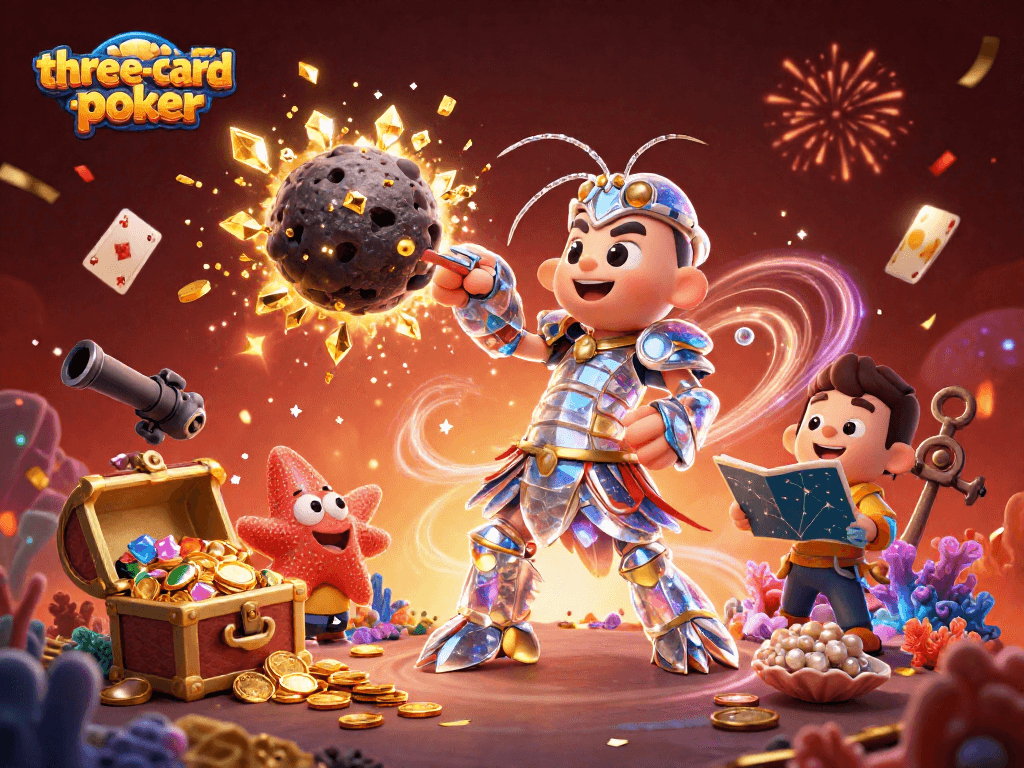 Engage in three-card-poker with vibrant action featuring game elements, gems, and cards.