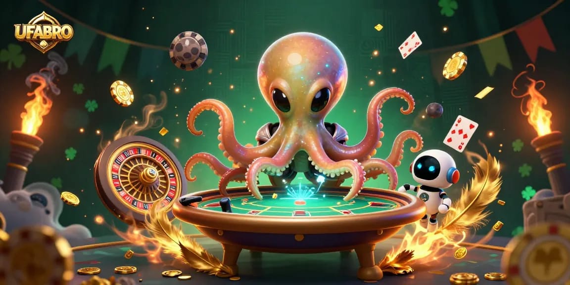 Experience thrilling gambling action with UFABRO's alien octopus at a holographic poker table.