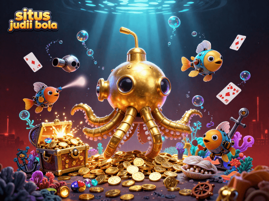 Engage with the situs judi bola scene featuring a gold kraken submarine amid treasures and games.