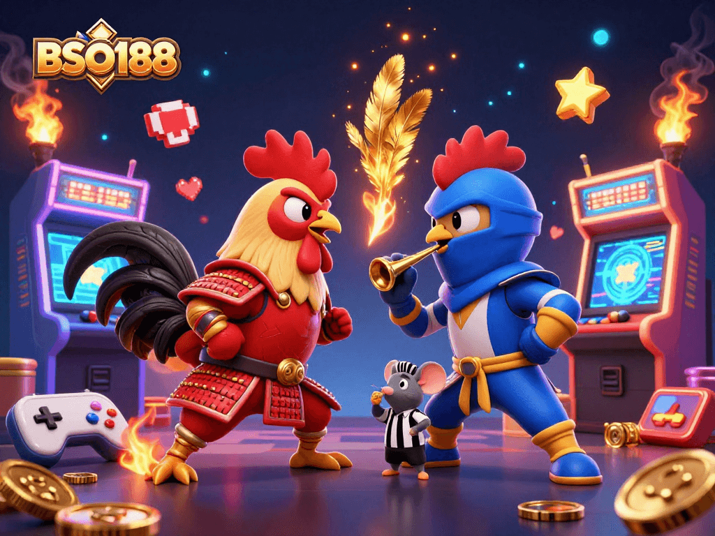 Engage in thrilling action with BSO188, featuring combat between cartoon roosters in a vibrant casino background.