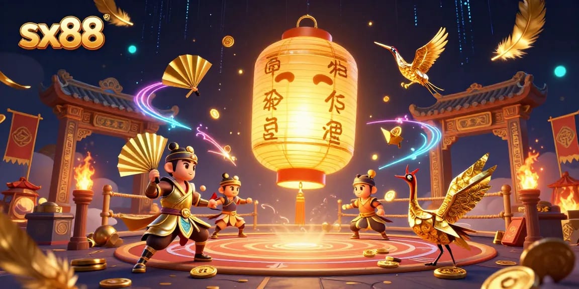 Sx88's vibrant game scene showcases a glowing lantern spirit above a dynamic casino market filled with golden elements.