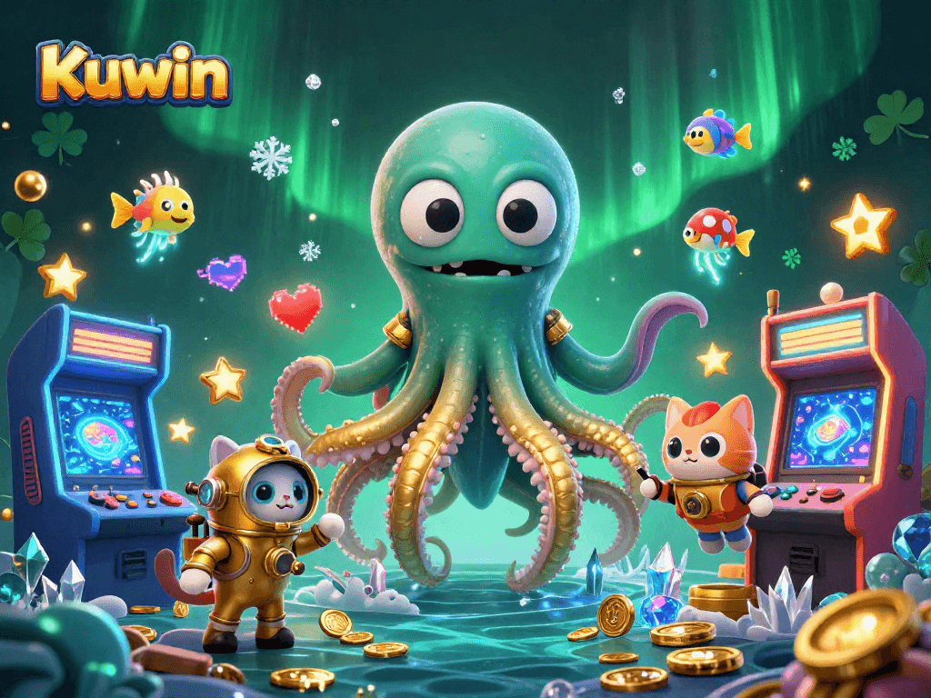 Kuwin casino illustration featuring a colorful kraken and diving cat amidst vibrant game elements.