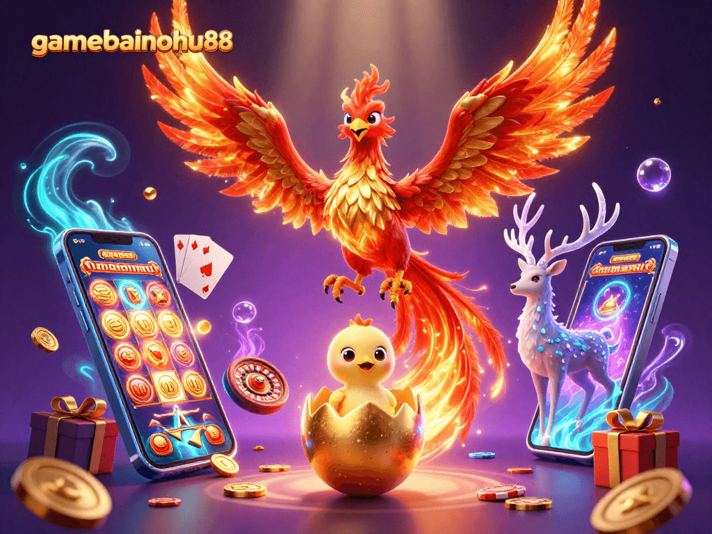 Play and win big with gamebainohu88, showcasing a vibrant scene of slot games and phoenix magic.