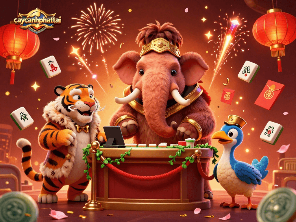 Experience the vibrant scene of caycanhphattai with a 3D mammoth bouncer checking IDs, alongside a saber-tooth tiger VIP in a lucky casino setting.