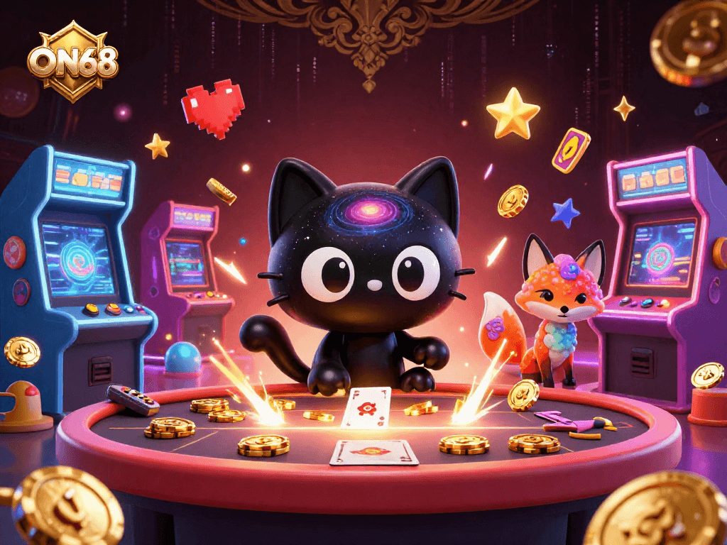 Experience ON68 with a captivating cosmic casino scene featuring a black hole cat and nebula fox pulling in golden chips.