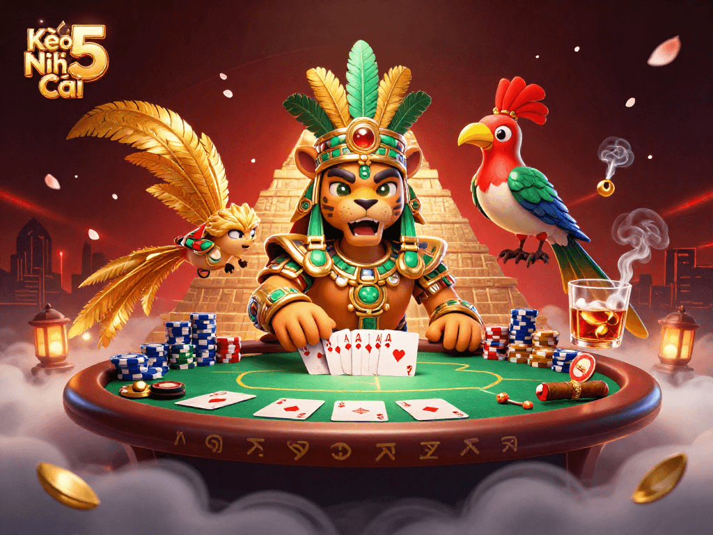 Kèo Nhà Cái 5 highlights winning hands amidst dynamic casino elements in a vibrant scene.
