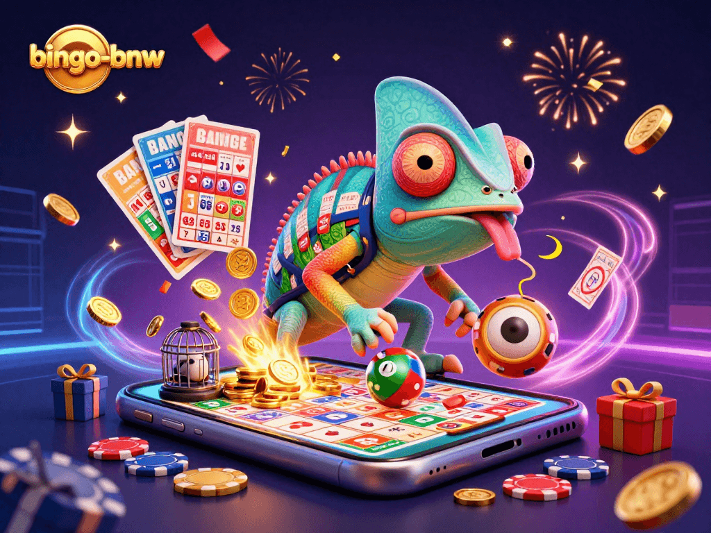 Experience thrilling gameplay with bingo-bnw as a vibrant chameleon entertain with bingo cards and gold coins.