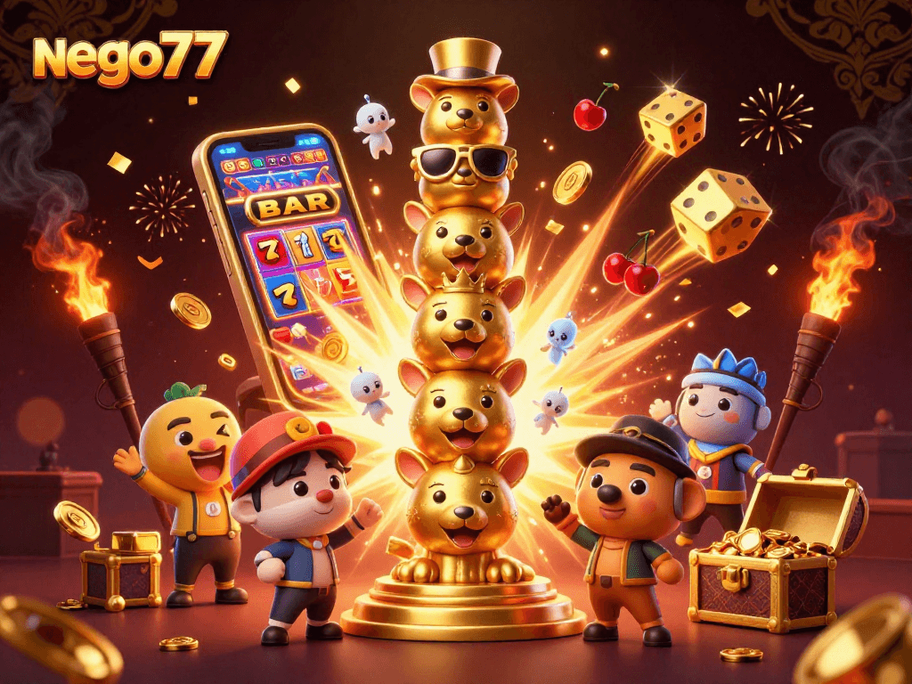 Nego77 attracts players with slot machine jackpots and animated casino elements bursting with excitement.