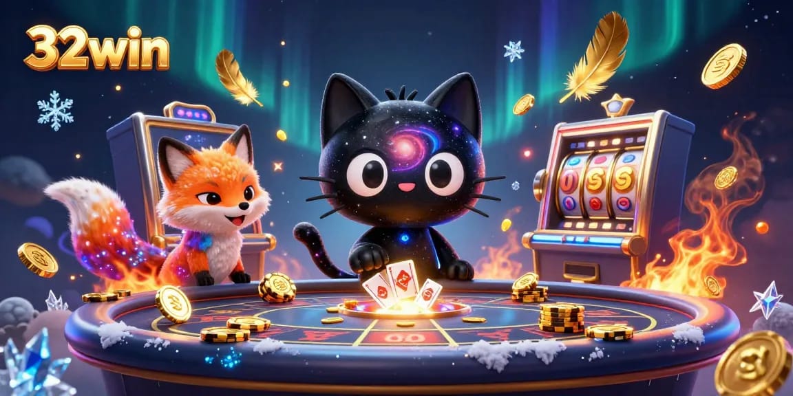 32win games come alive with magical slot reels in a cosmic casino scene featuring unique characters.