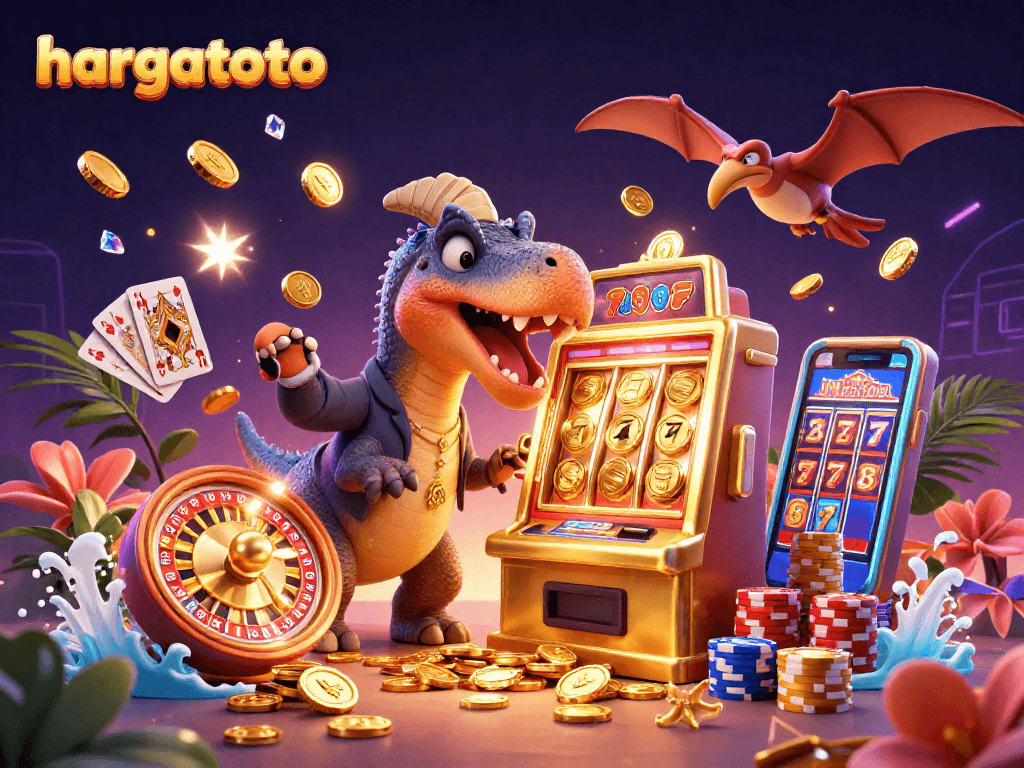 Experience the thrill of hargatoto as a dinosaur turns a slot machine, winning golden coins.