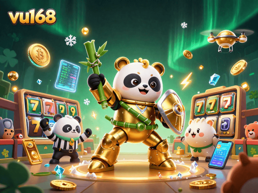 Win big with VU168 as the golden panda battles in a thrilling online casino arena.