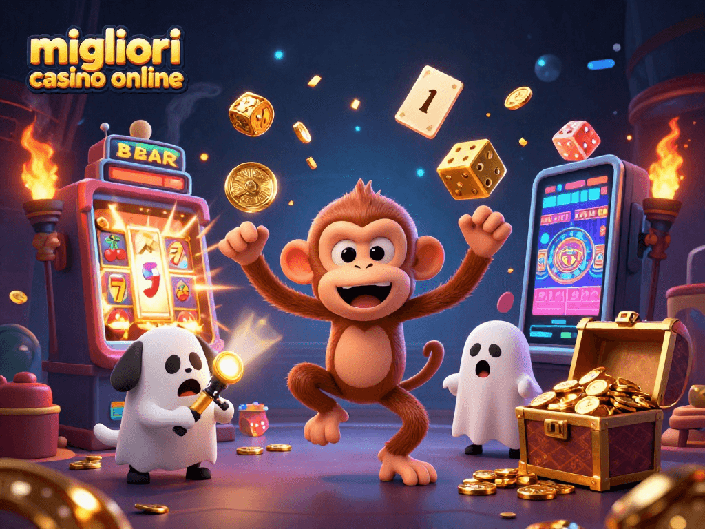 Scopri i migliori casinò online mentre un monaco invisibile gioca con chips e dadi dorati.