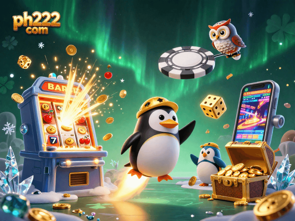 Experience excitement at ph222 com with a cartoon penguin soaring toward a vibrant casino space!