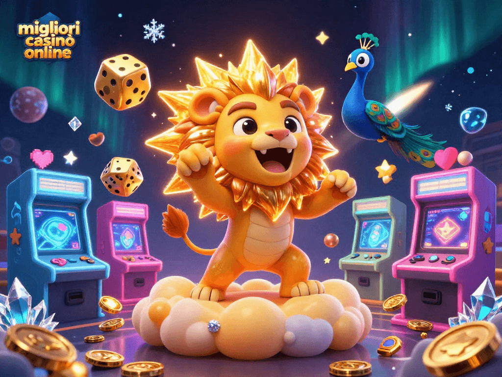 I migliori casinò online presentano un'esplosione di divertimento con la rappresentazione iconica di un leone solare e dadi dorati.