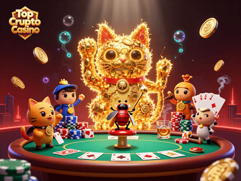 Engage with the Top Crypto Casino experience showcased through vibrant animated characters and exciting game elements.