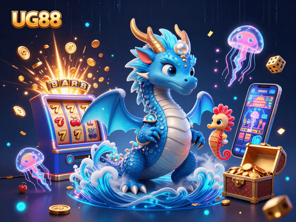 Experience excitement at UG88 with a majestic dragon, winning slot machines, and vibrant casino games.