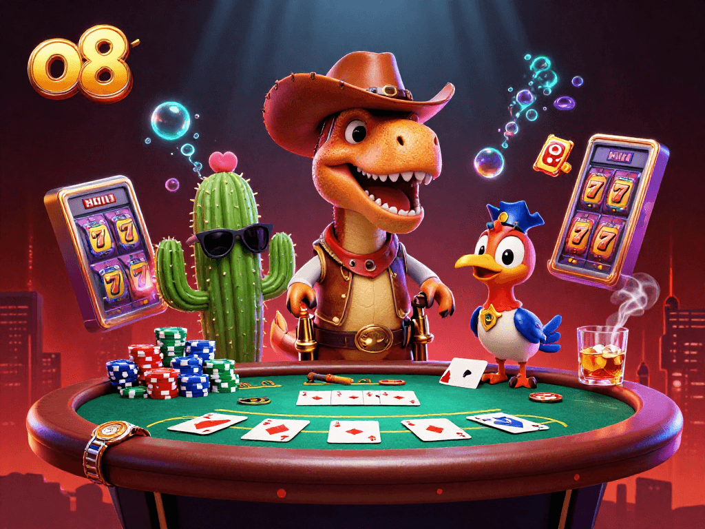 o8 platform showcases a vibrant scene with a cartoon dinosaur, cactus sidekick, and roadrunner at a lively casino, filled with gaming elements.