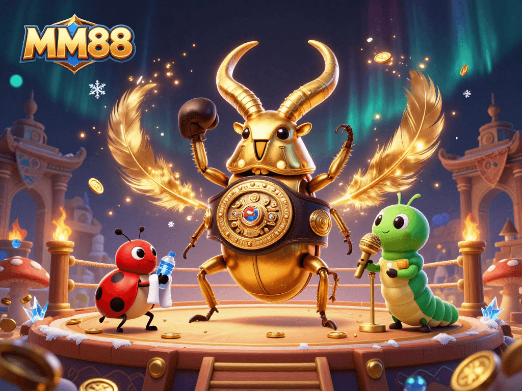 Watch the dynamic MM88 battle scene featuring a giant beetle champion, a supportive ladybug, and an announcer caterpillar.