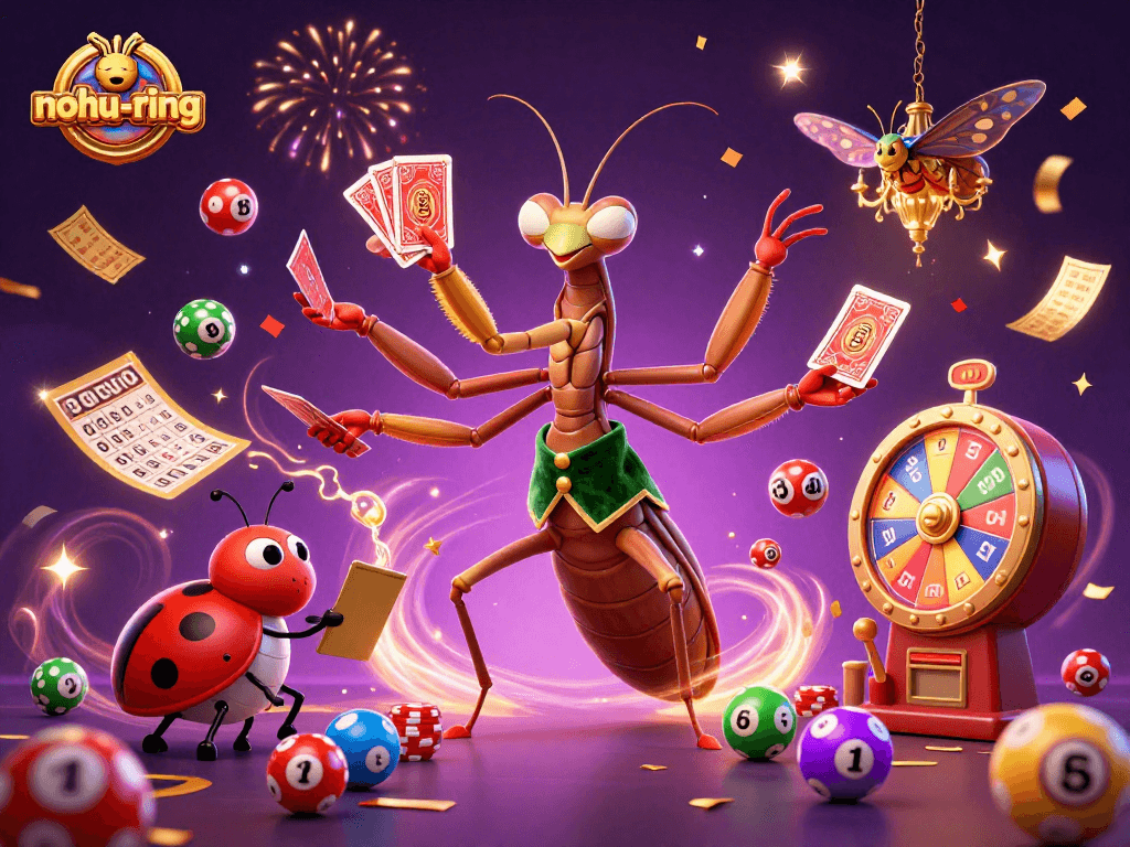 Experience the excitement of nohu-ring as a giant mantis deals cards amidst colorful lottery elements.