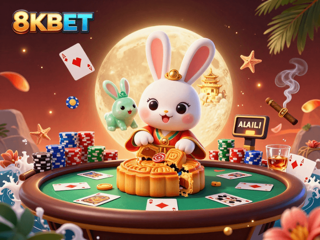 Experience the thrill of 8KBET with a 3D moon rabbit and poker chips in a vibrant casino scene.