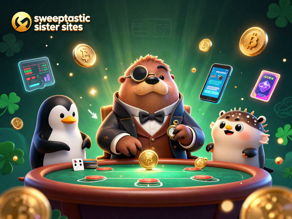 Play with Sweeptastic sister sites in this vibrant underwater casino scene featuring unique characters.