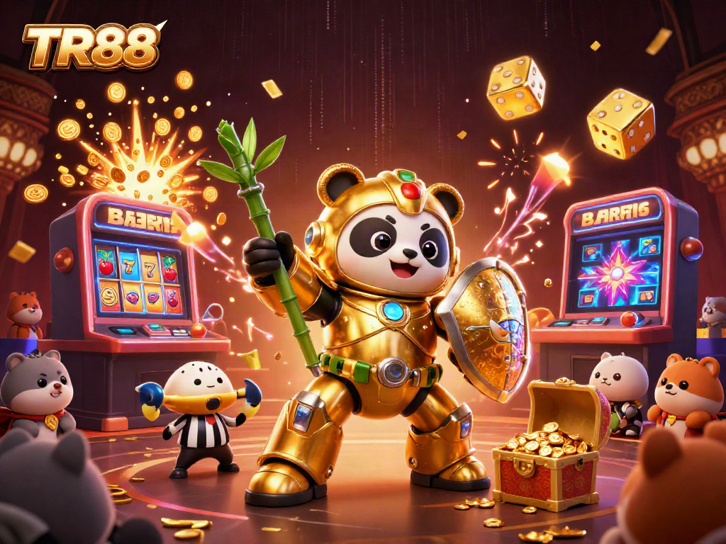 Experience TR88 with an energetic 3D casino battle featuring vibrant characters and jackpot elements.