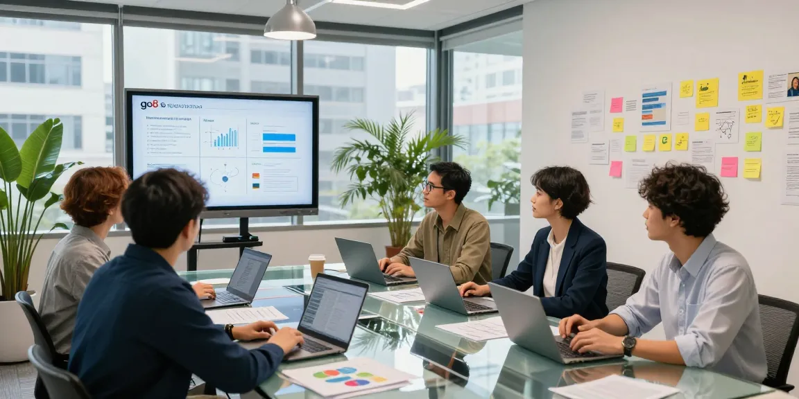 Team brainstorming innovative go8 digital solutions in a modern workspace.