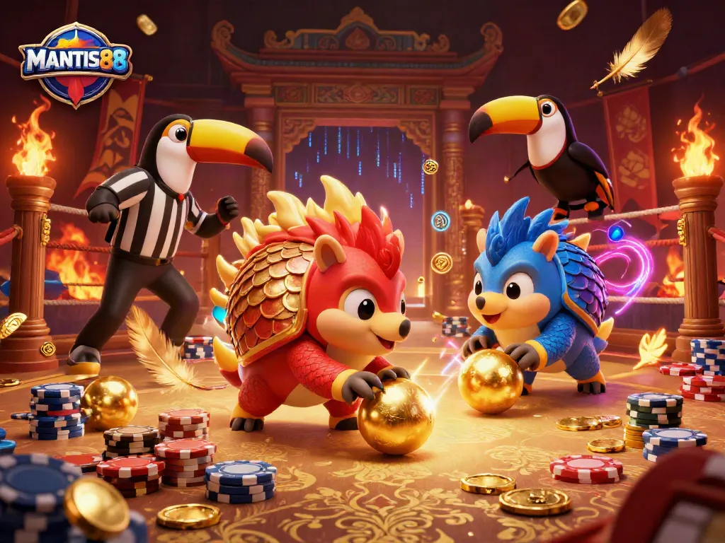 MANTIS88 pangolins compete in a vibrant casino scene, rolling poker chips and golden balls.