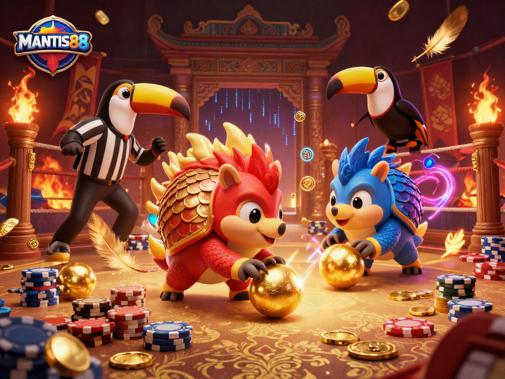 MANTIS88 pangolins compete in a vibrant casino scene, rolling poker chips and golden balls.