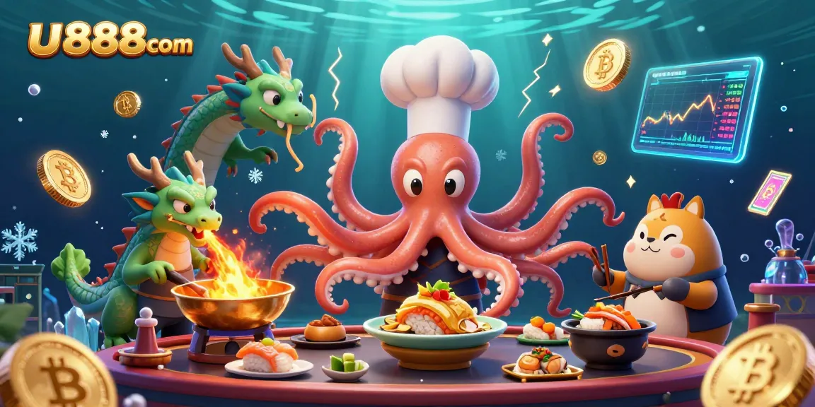 Join the vibrant action at u888com while the cartoon sushi chef octopus prepares gourmet delights amidst gleaming cryptocurrency elements.