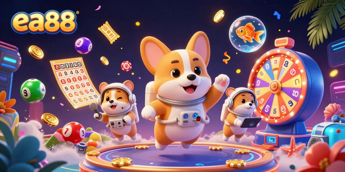 Experience the excitement of ea88's space casino with floating characters and vibrant game elements.