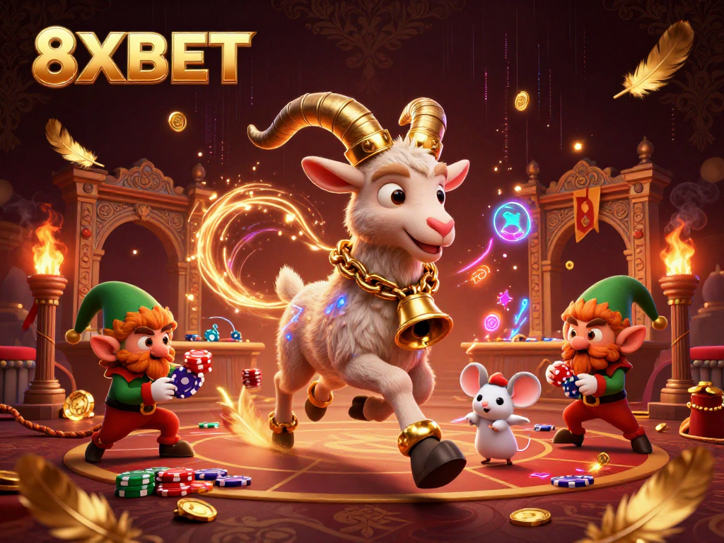 Generate excitement at 8XBET casino with festive characters in a dynamic gaming scene.