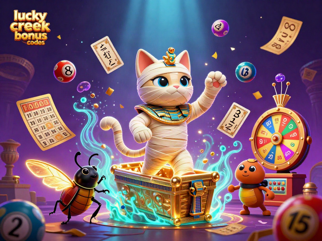 Experience exciting lucky creek bonus codes with a mummy cat and golden sarcophagus in a vivid casino scene.