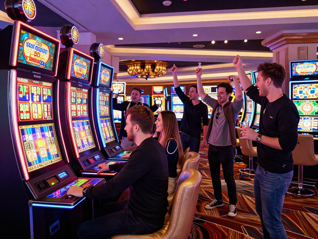 Exciting casino scene with friends enjoying slot depo 5k games and vibrant neon lights