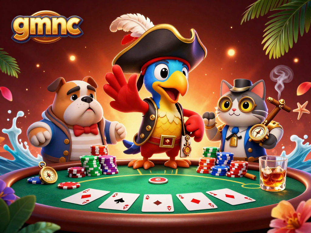 Engage with gmnc's vibrant casino-themed illustration, showcasing a pirate captain and bulldog amid poker action.