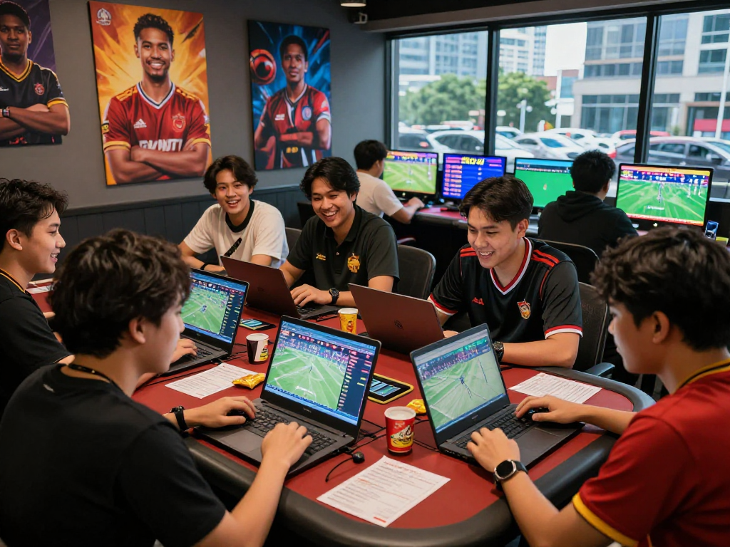 Grup teman menikmati taruhan situs toto 4d dalam suasana ceria di lounge permainan.