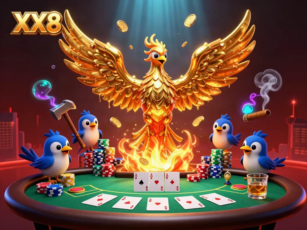Engage in thrilling gameplay with XX8, where golden phoenixes and poker excitement converge in a vibrant scene.
