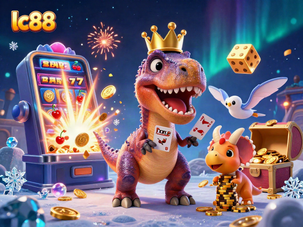 lc88 themed 3D casino illustration featuring friendly dinosaurs playing cards and stacking chips.