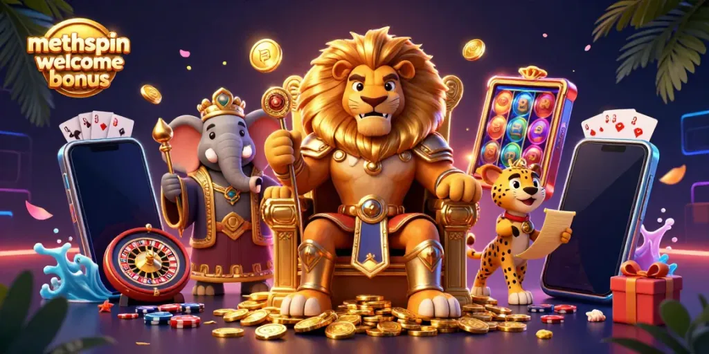Engage with the exciting methspin welcome bonus through a vibrant casino scene featuring a lion king and more.