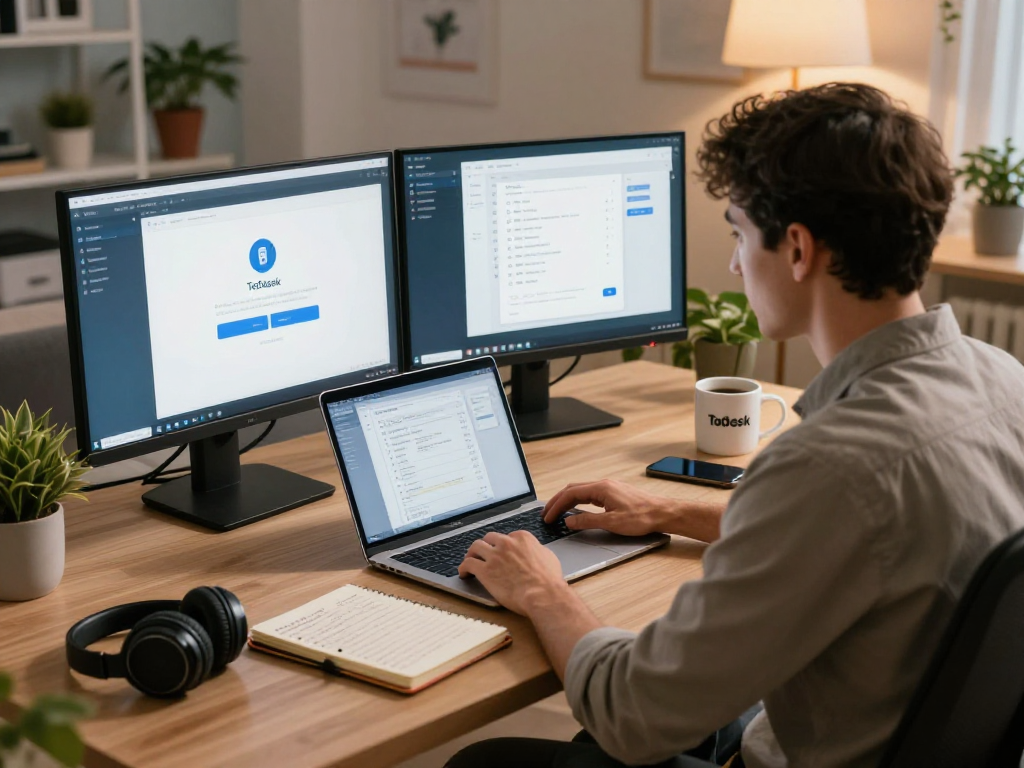 Professional using ToDesk for remote work in a modern home office.