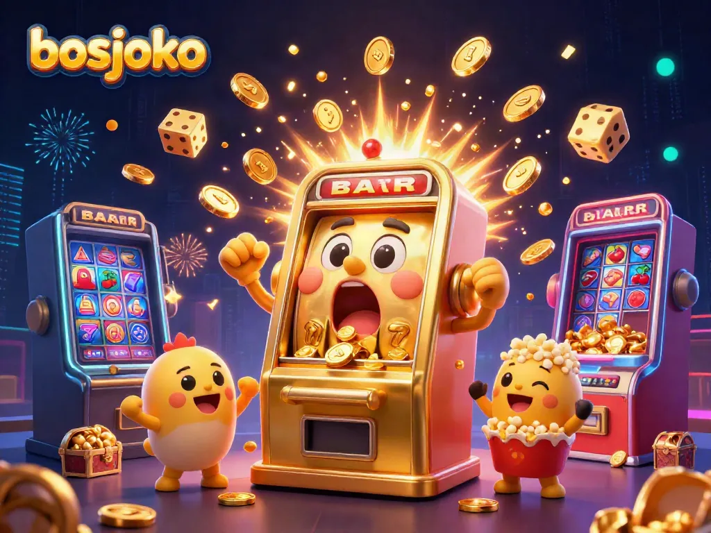 Experience thrilling wins at bosjoko with a dynamic scene of cartoon slot machines celebrating a jackpot explosion.