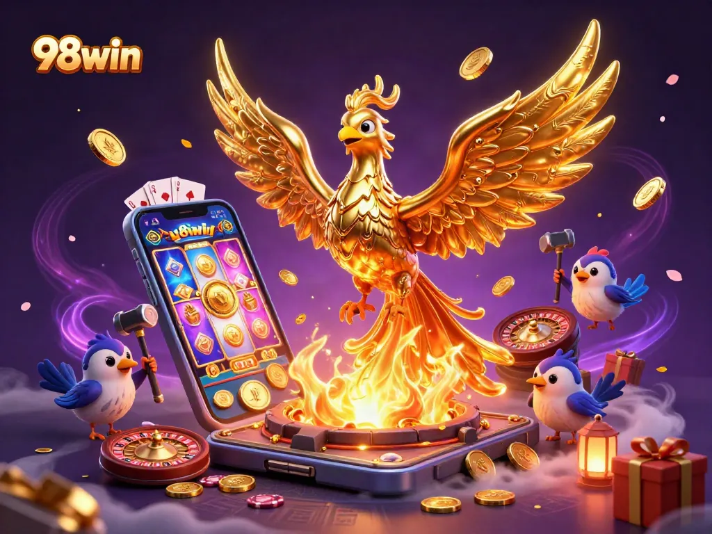 Experience thrilling gameplay with 98win as golden coins fill the air, showcasing dynamic casino elements.