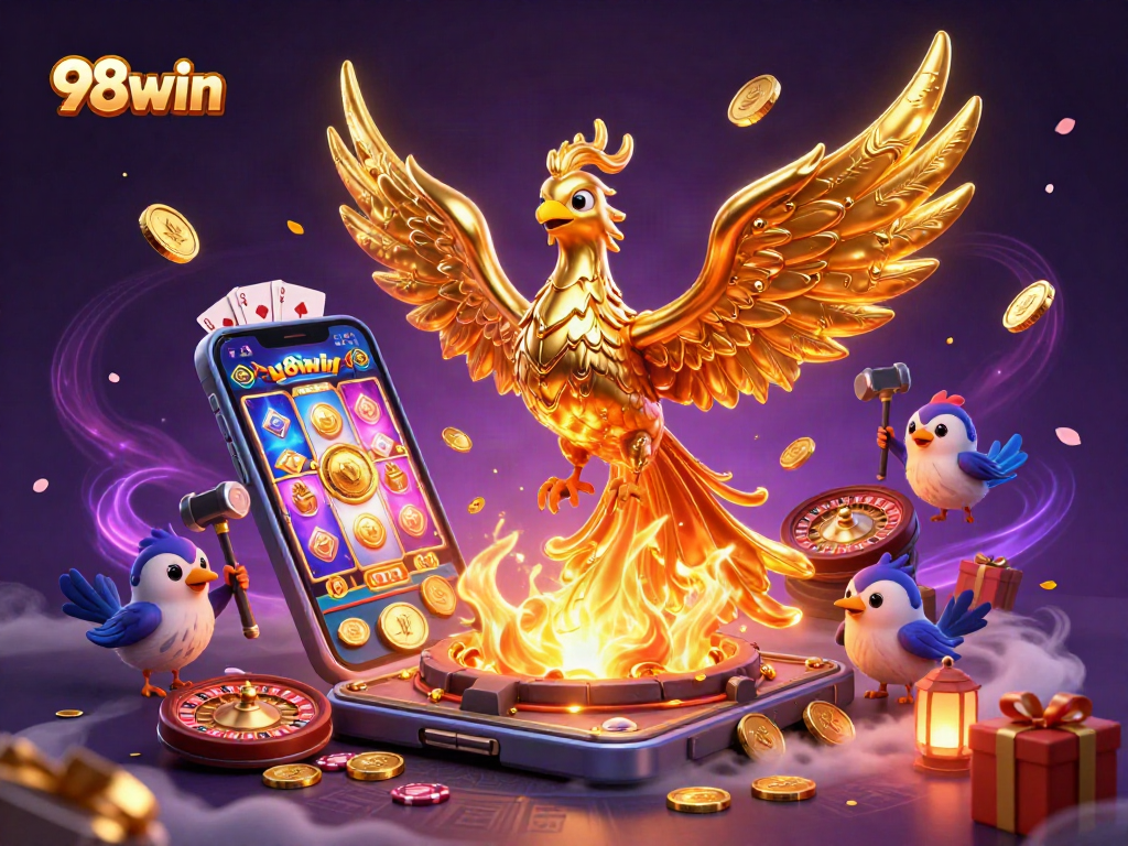 Experience thrilling gameplay with 98win as golden coins fill the air, showcasing dynamic casino elements.