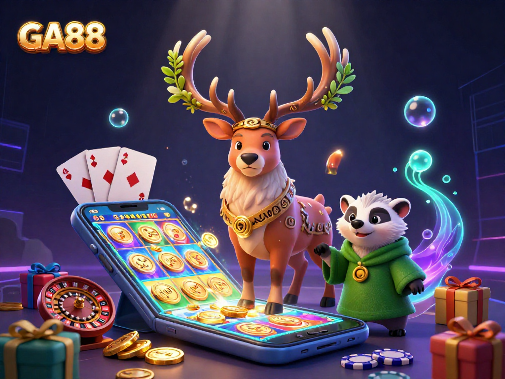 Engage with GA88’s vibrant casino action featuring a druid and badger in a lively slot gaming atmosphere.
