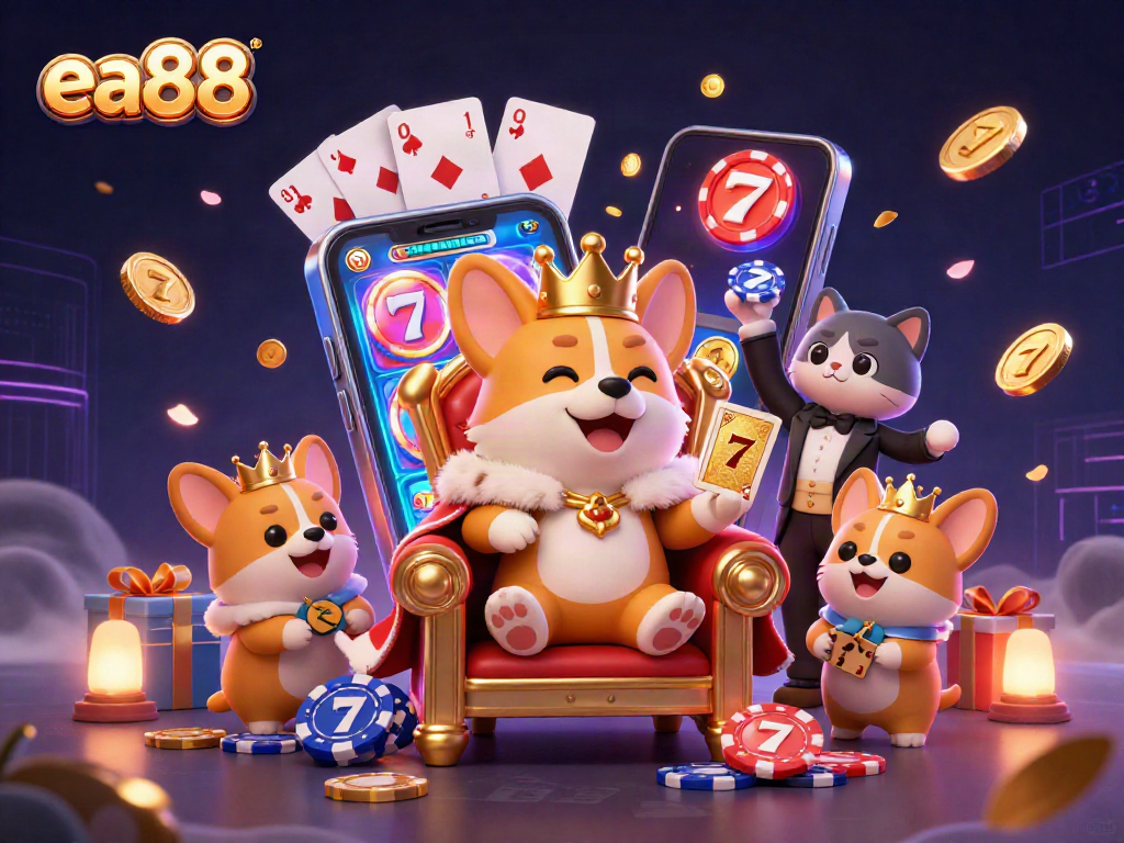 Play colorful slots with ea88 featuring a royal corgi and vibrant gaming elements.